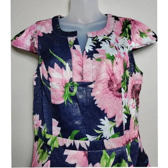 ModCloth Navy Pink Floral Fit Flare Dress Cap Sleeve Garden Party Brunch Dress - Picture 4 of 9